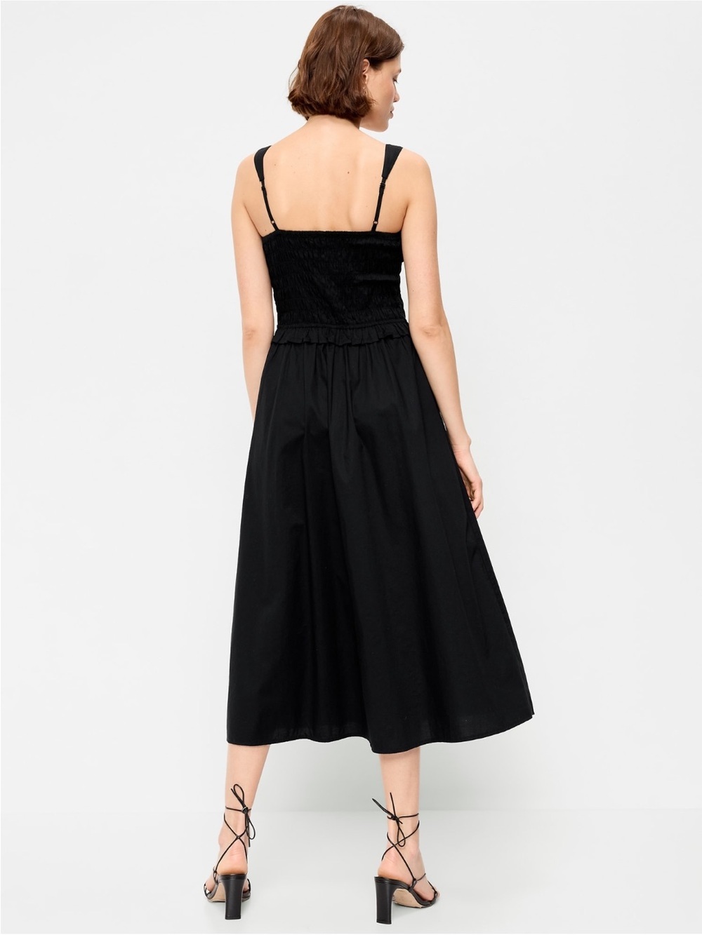 Old Navy black Fit & Flare smocked bodice midi dress w adjustable straps - Picture 2 of 16